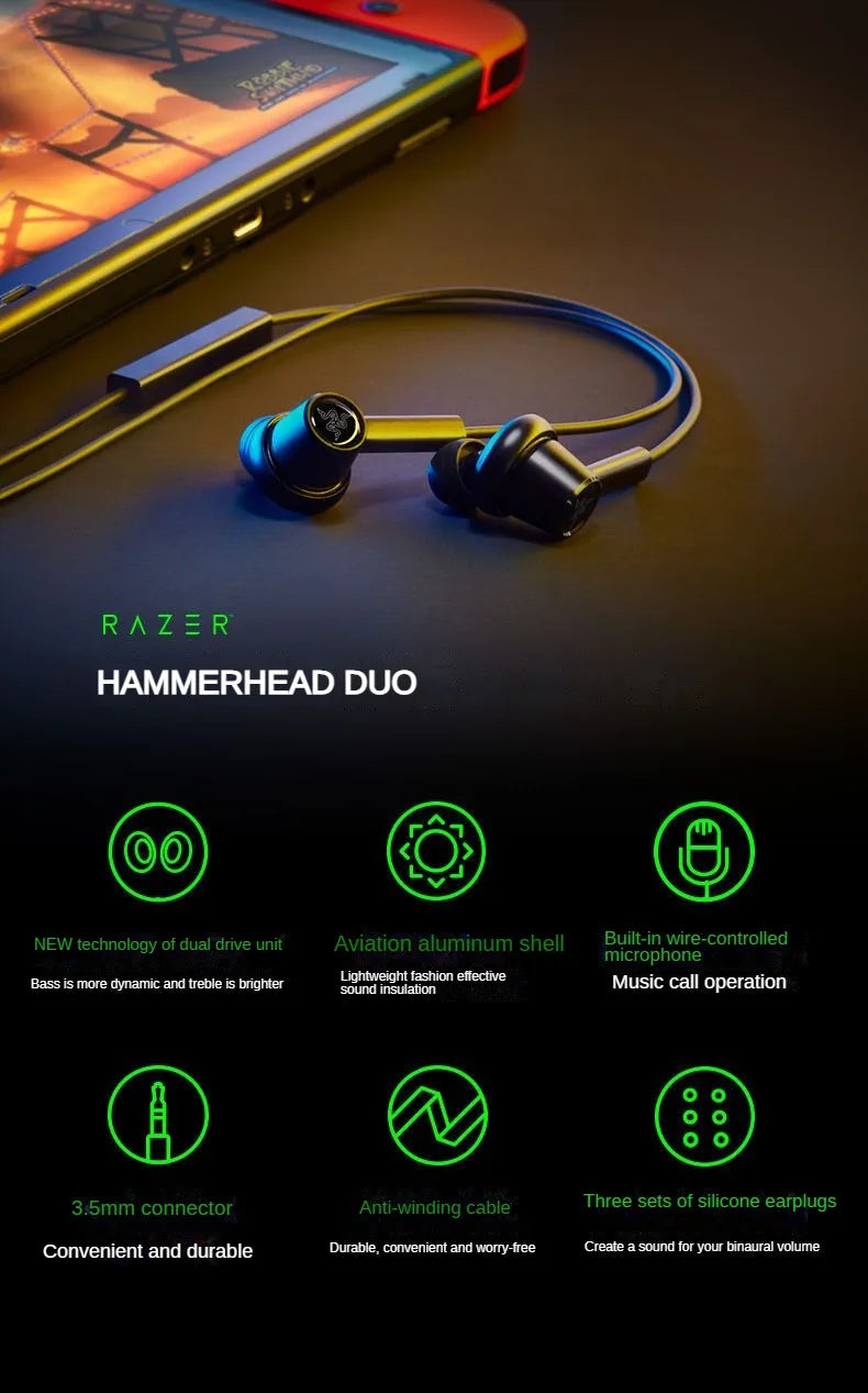Razer HAMMERHEAD DUO Dual-core In-ear Gaming Earphones Stereo Music Sports Headset 3.5mm Wired Earbuds with Microphone Headphone