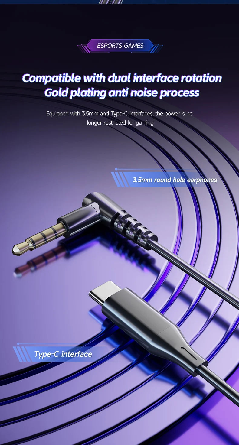 Gamer Gaming Headphones with HD Microphone 3.5mm&TypeC In-ear Headphones Wired Earphone HiFi Stereo Headset for IPhone Samsung