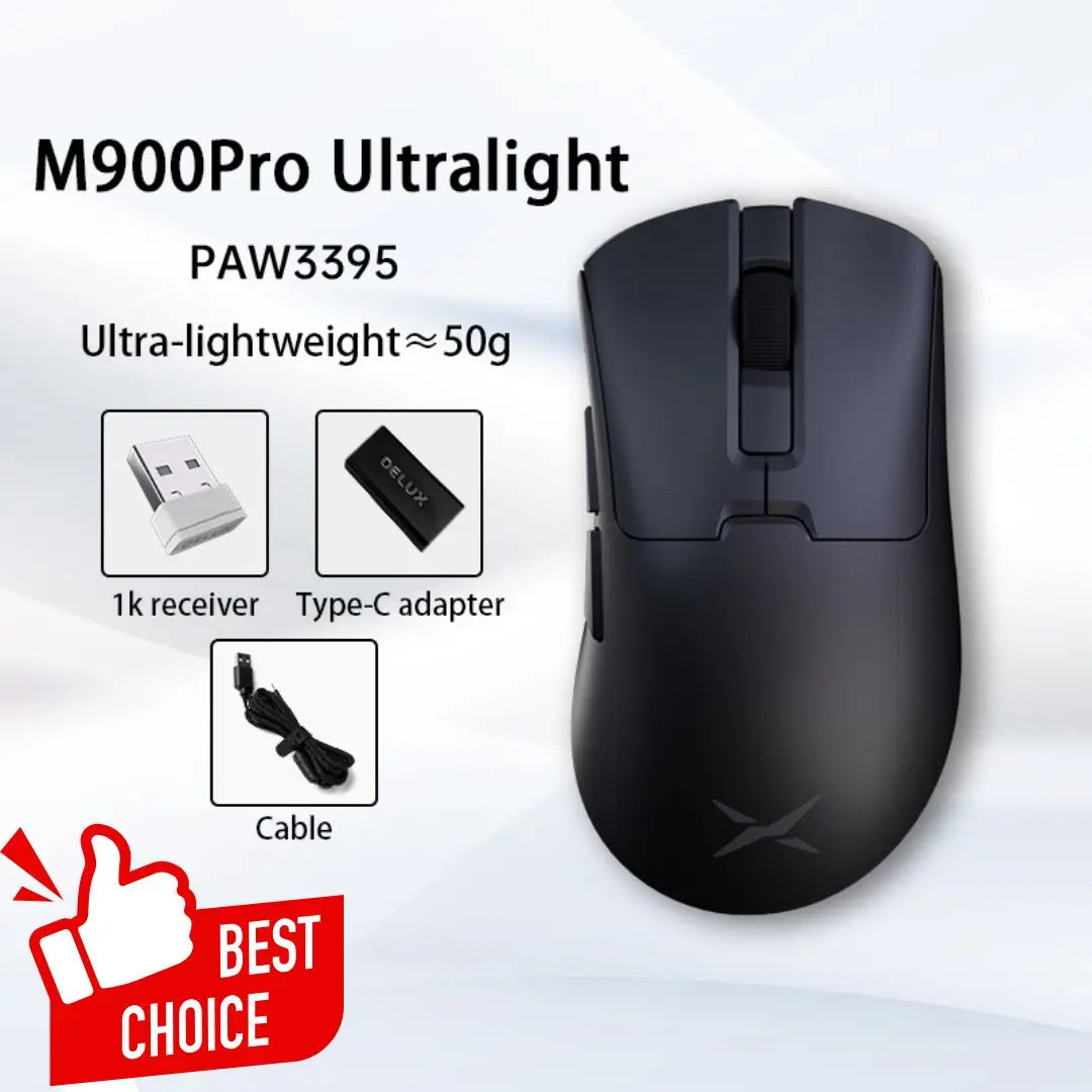 Delux M900PRO Ultra-light Version Wireless Gaming Mouse Ergonomic 1K/8K Polling Rate 50g PAW3395 for Right Big Hand PC Laptop