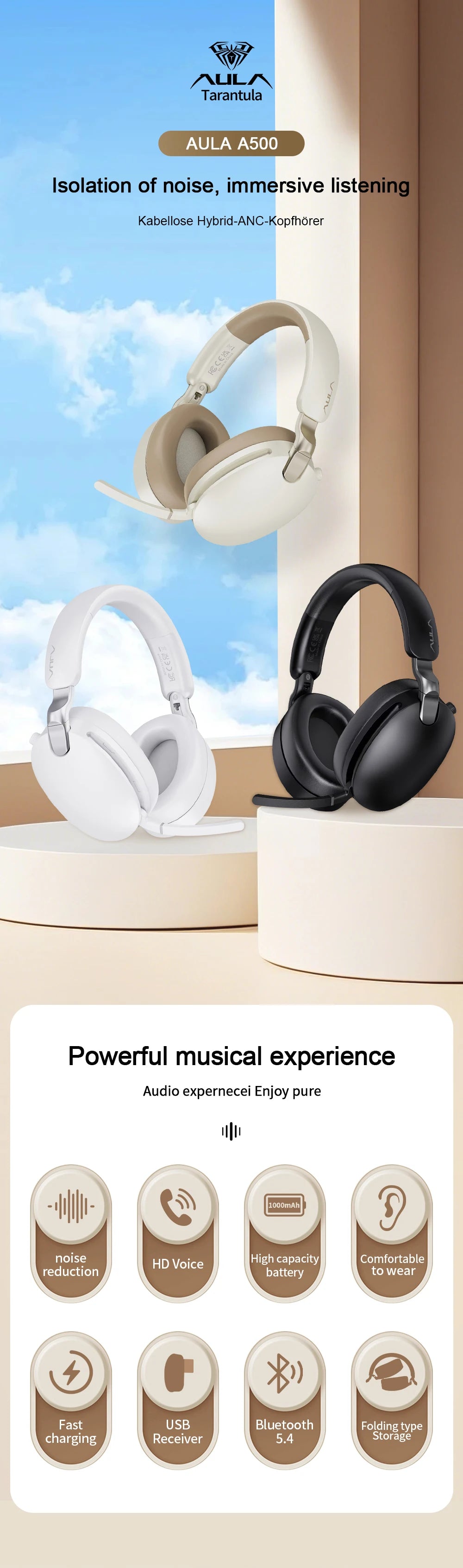 AULA A500 Wireless Headphones 2.4G/Bluetooth/Wired Noise Reduction Head-mounteds Earphone 1000mAh Gaming Headset Laptop Computer
