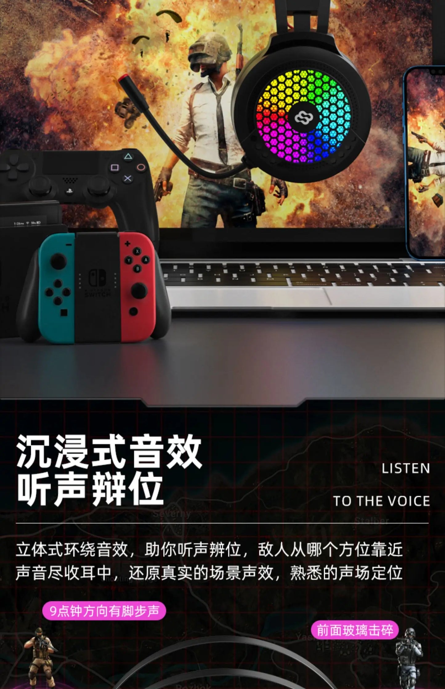 Wauer E21 Gaming Headset 7.1 Stereo SVirtual Surround Bass Earphone Headphone with Mic LED Light for Computer PC Gamer Foldable