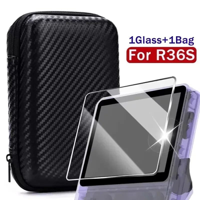 Case + Glass for R36S Game Console Travel Carrying Storage Bag & Screen Protectors Tempered Glass Films for R36 S Accessories