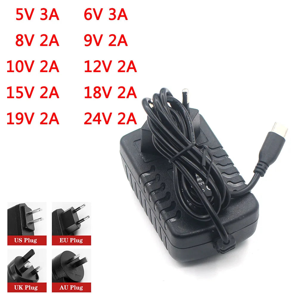 5V 6V 8V 9V 10V 12V 15V 18V 19V 24V 2A 3A Switch Charger Type-C DC Power Charging Adapter Wall Charger EU/US/UK/AU Plug
