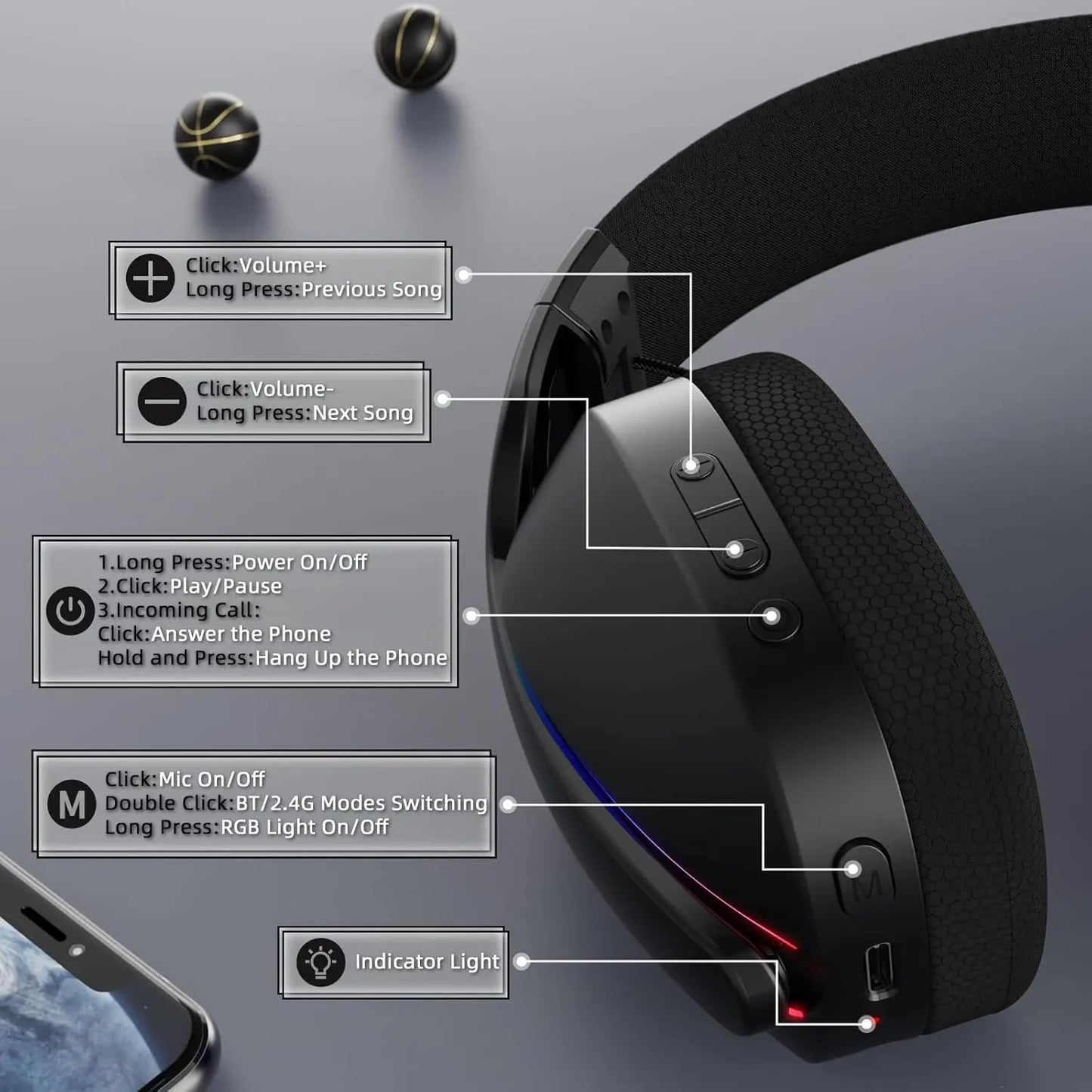 ATTACK SHARK L90 Ultralight Wireless Gaming Headset, BT, 2.4G, 3.5mm Wired, RGB Foldable 7.2 Surround Sound Over-Ear Earmuffs