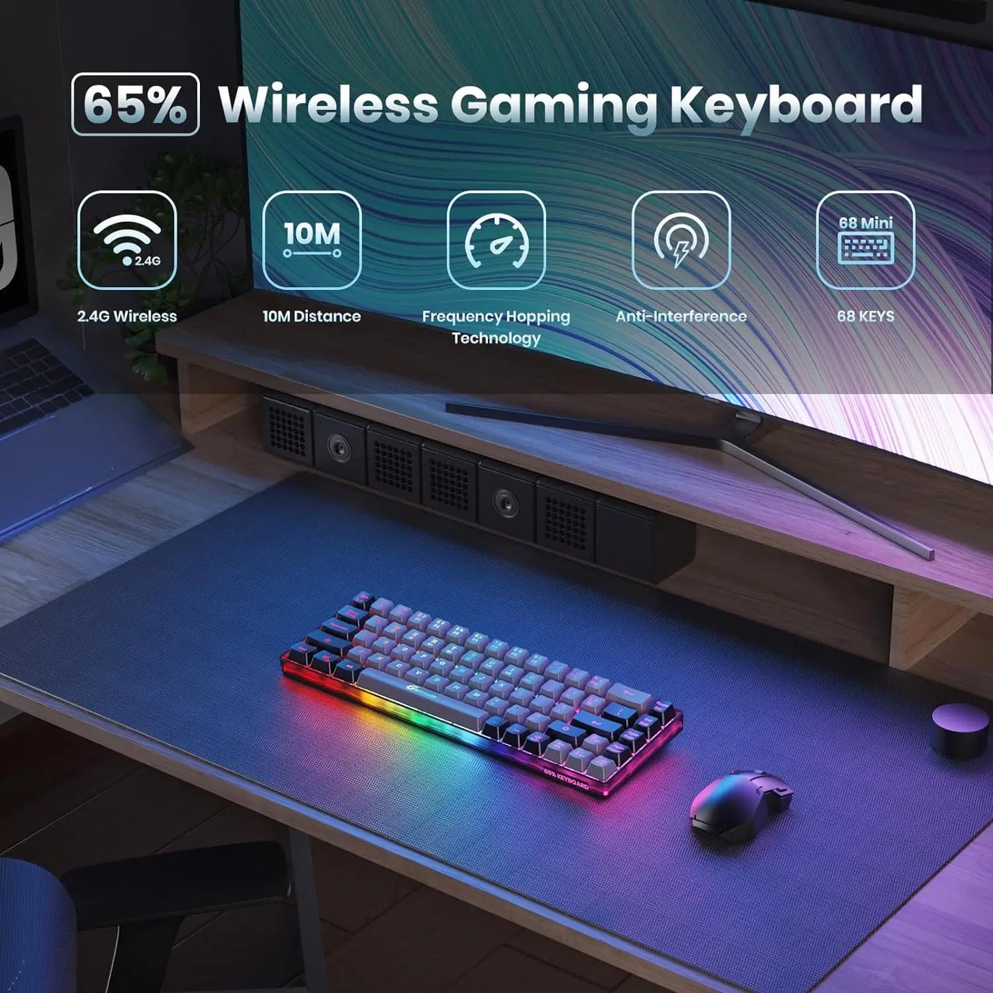 GEODMAER Wireless Gaming Keyboard Rechargeable Backlit Gaming Keyboard 68 Keys Membrane Keyboard for PC English/Spanish Layout