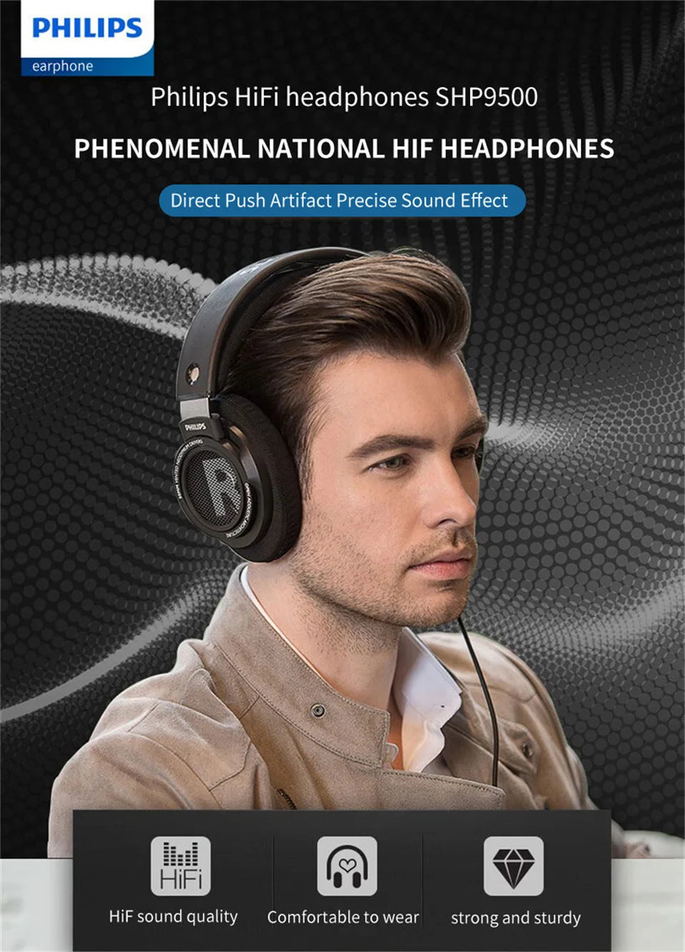 Philips SHP9500 HiFi Precision Stereo Headphones for Music Mobile Computer Gaming Open HD Mic Call Wired Headset Original 100%