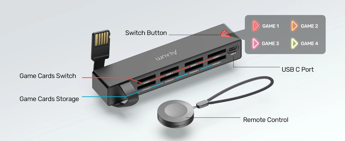 Alxum D1100B For Nintendo Switch Game Card Reader with Wireless Remote Gaming Gamers Accessories Plug & Play USB Powered Black