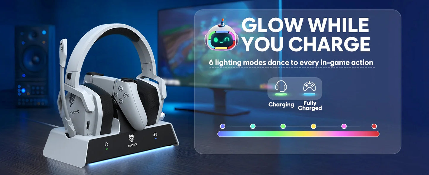 NUBWO G06 Pro Wireless Headsets Gamer with Charging Station for Headset and PS5 Controller Gaming Headphones Long Battery Life