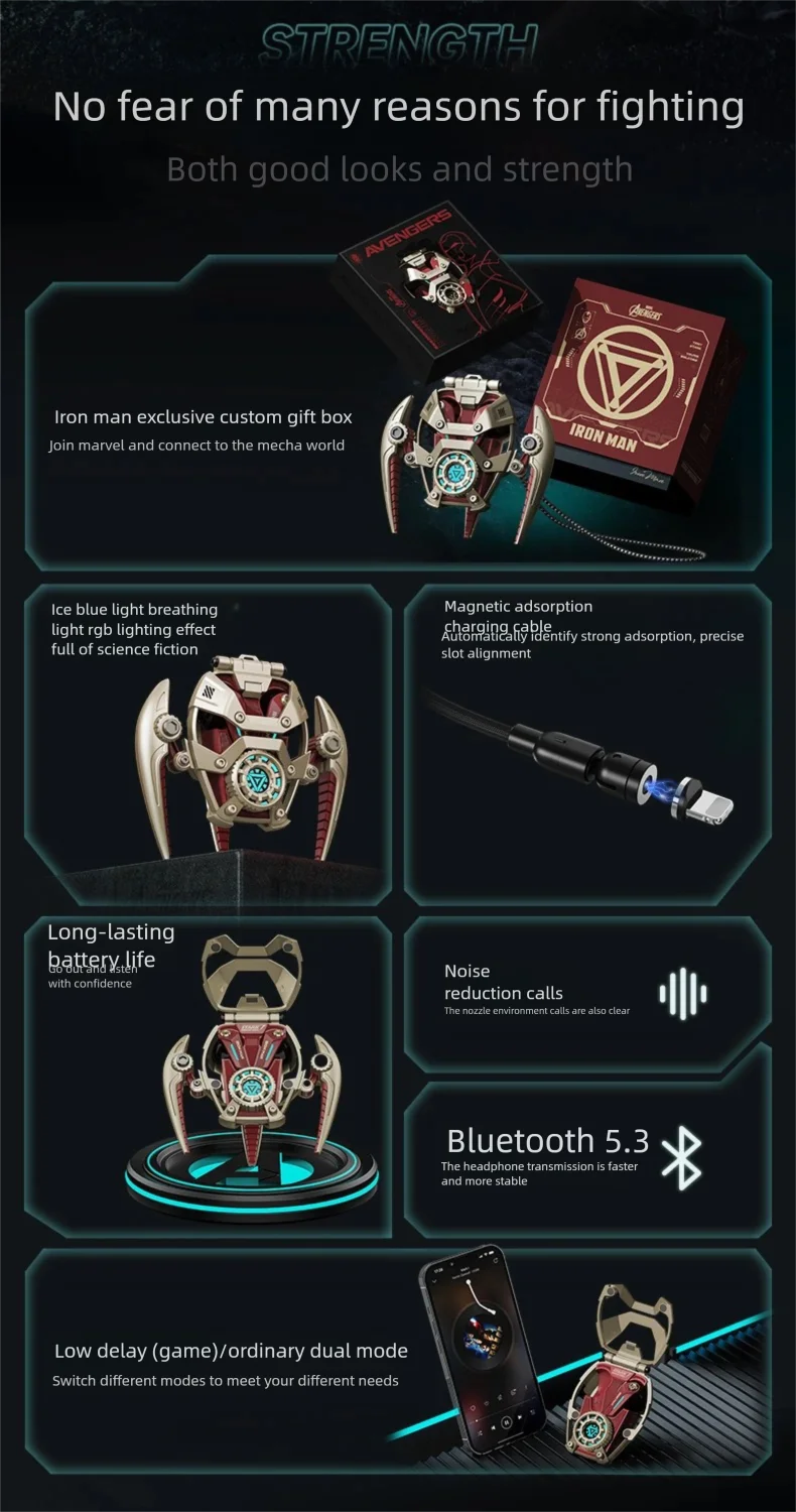 MARVEL Collaboration Bluetooth Headphones ANC Active Noice Cancellation Bluettoth Wireless Earphones Sports Gaming Gift Iron Man