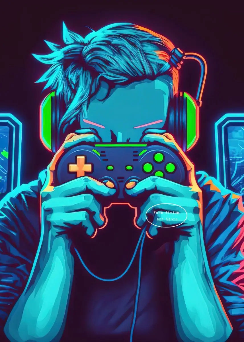 80s Retro Neon Game Quotes Poster Boy Gaming Controller Gamer Zone Room Eat Sleep Game Repeat Canvas Painting Home Decor Gift