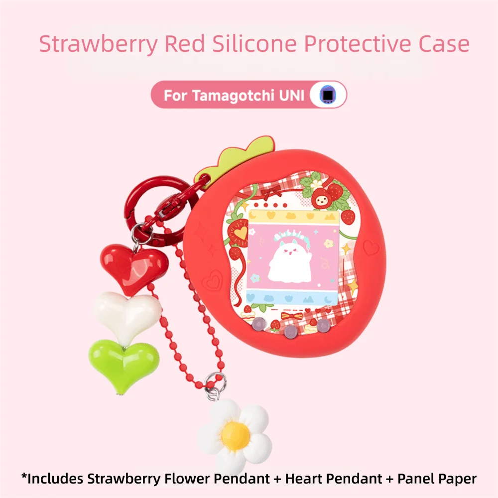 Silicone Protective Knob Cover with Panel Paper Pendant Protective Shell Red Pink Strawberry for Tamagotchi for Paradise Uni