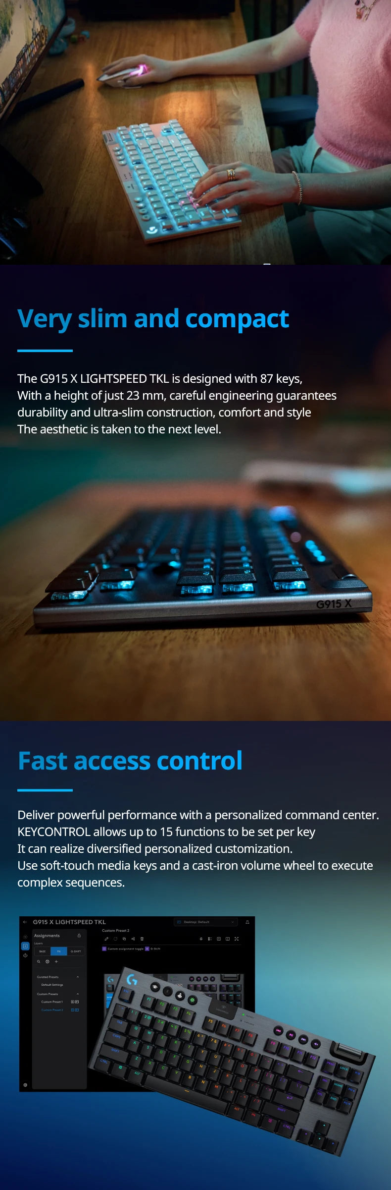 Logitech G915X TKL wireless ultra-thin electronic sports gaming mechanical keyboard, 1.3mm trigger key travel, RGB lighting, PBT