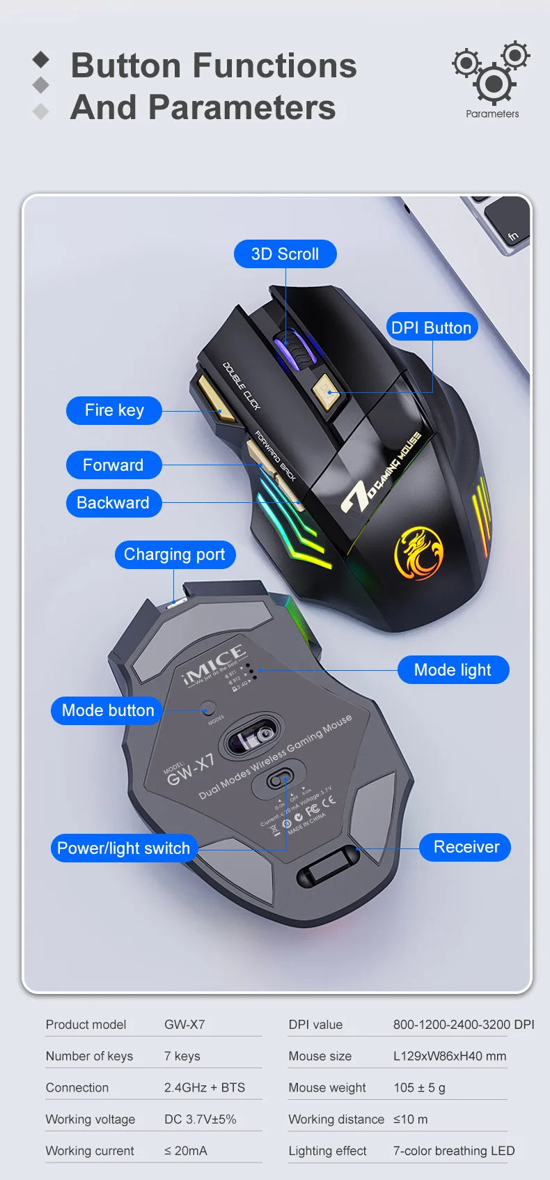 UTHAI GW-X7 Laptop accessories 7-key double tap free 2.4G silent rechargeable colorful breathing light wireless gaming mouse