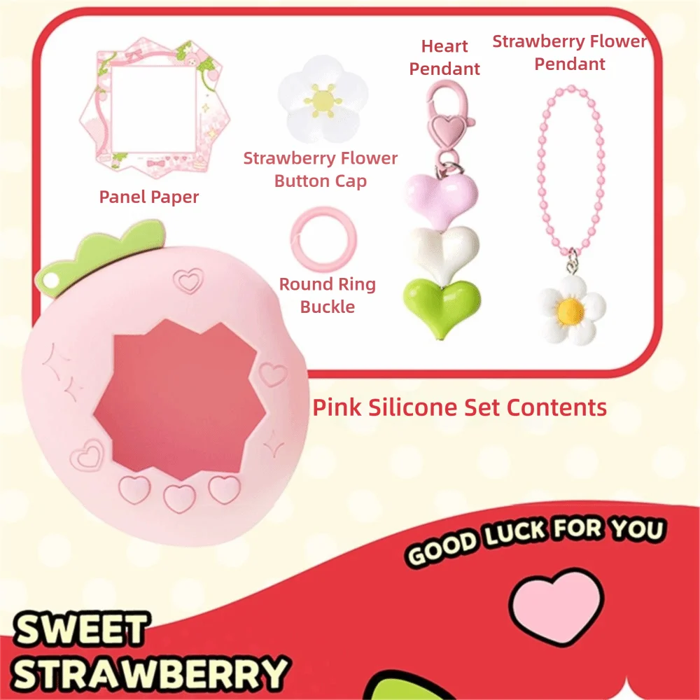 Silicone Protective Knob Cover with Panel Paper Pendant Protective Shell Red Pink Strawberry for Tamagotchi for Paradise Uni