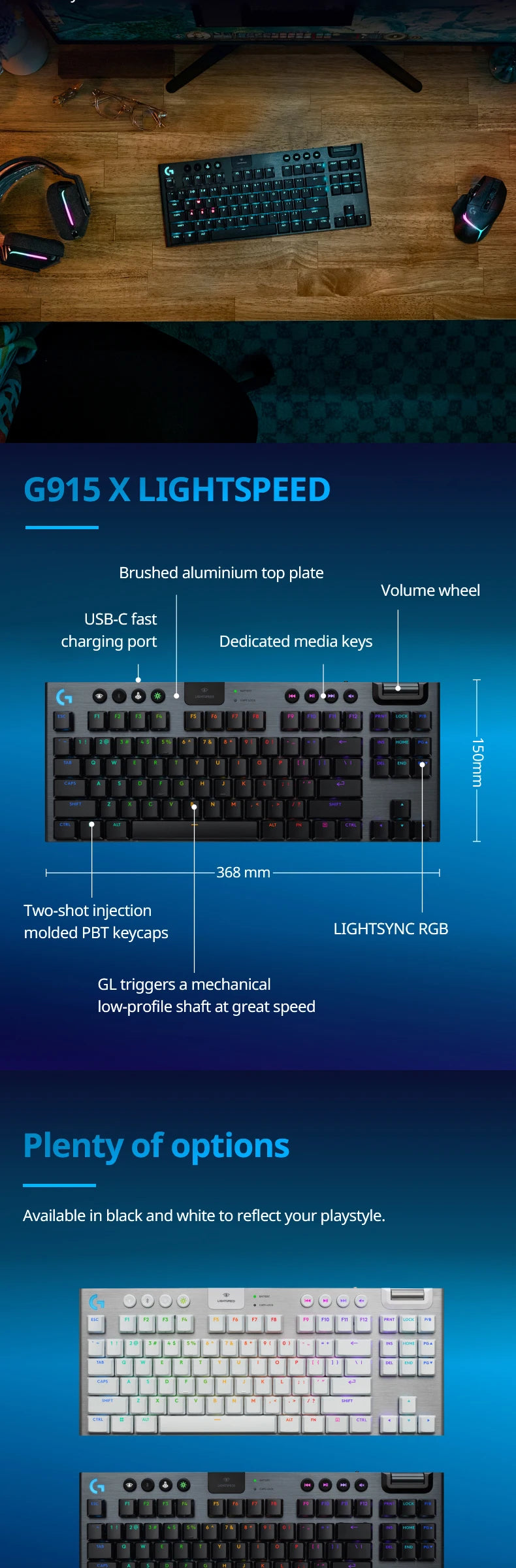 Logitech G915X TKL wireless ultra-thin electronic sports gaming mechanical keyboard, 1.3mm trigger key travel, RGB lighting, PBT