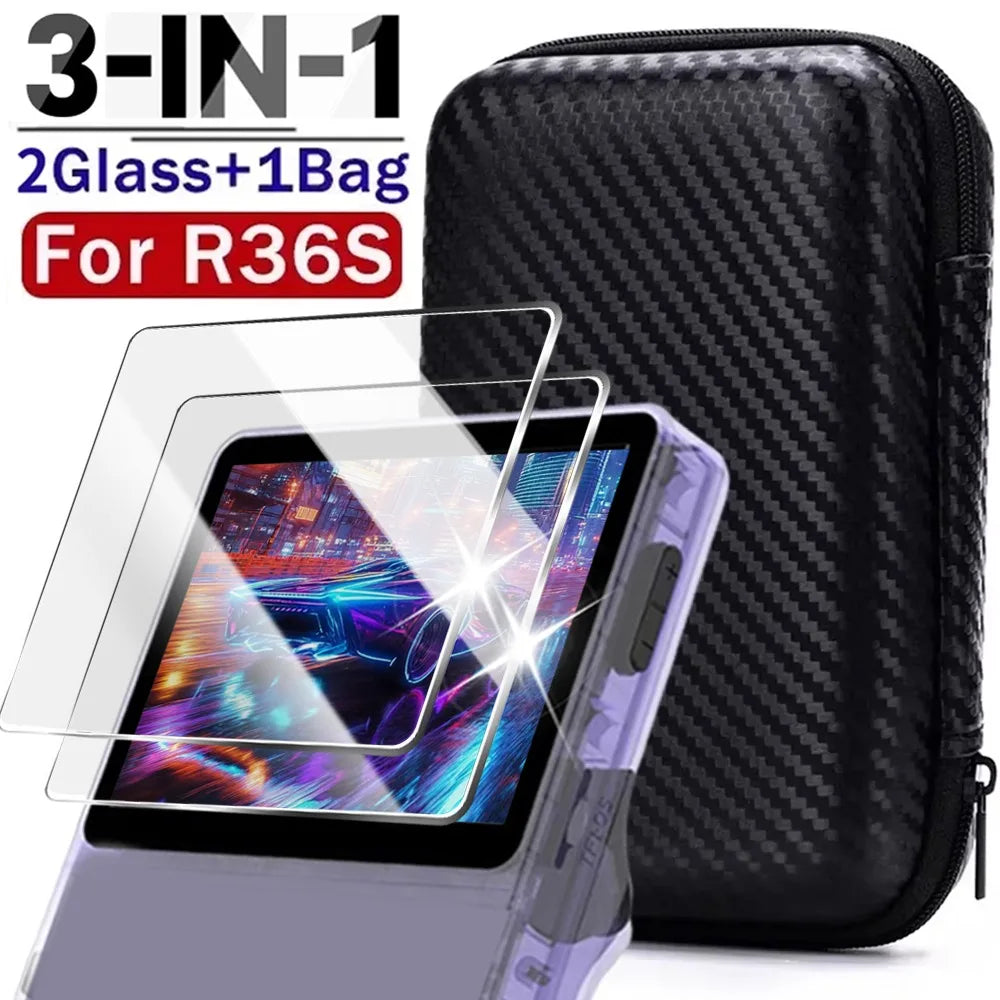 Case + Glass for R36S Game Console Travel Carrying Storage Bag & Screen Protectors Tempered Glass Films for R36 S Accessories