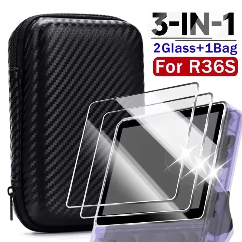 Case + Glass for R36S Game Console Travel Carrying Storage Bag & Screen Protectors Tempered Glass Films for R36 S Accessories