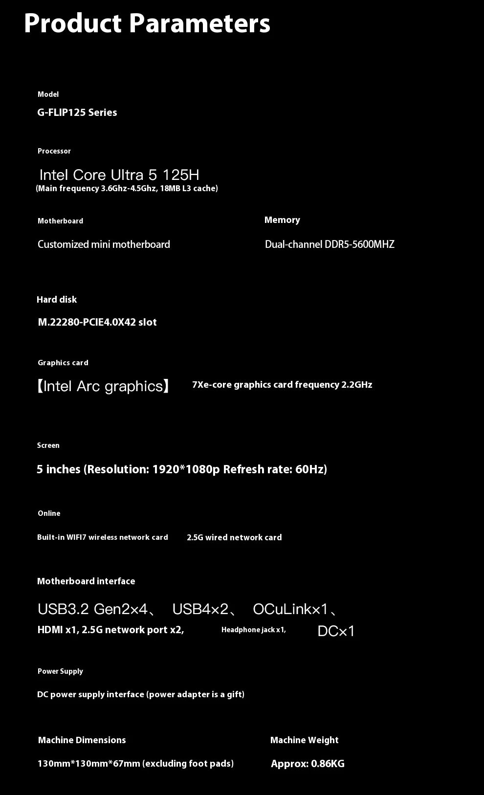 AOOSTAR G-FLIP Intel Core Ultra 5 155H Mini PC Windows 11 DDR5 Dual Channel NVMe M.2 SSD WIFI7 Desktop Office Gaming Computer
