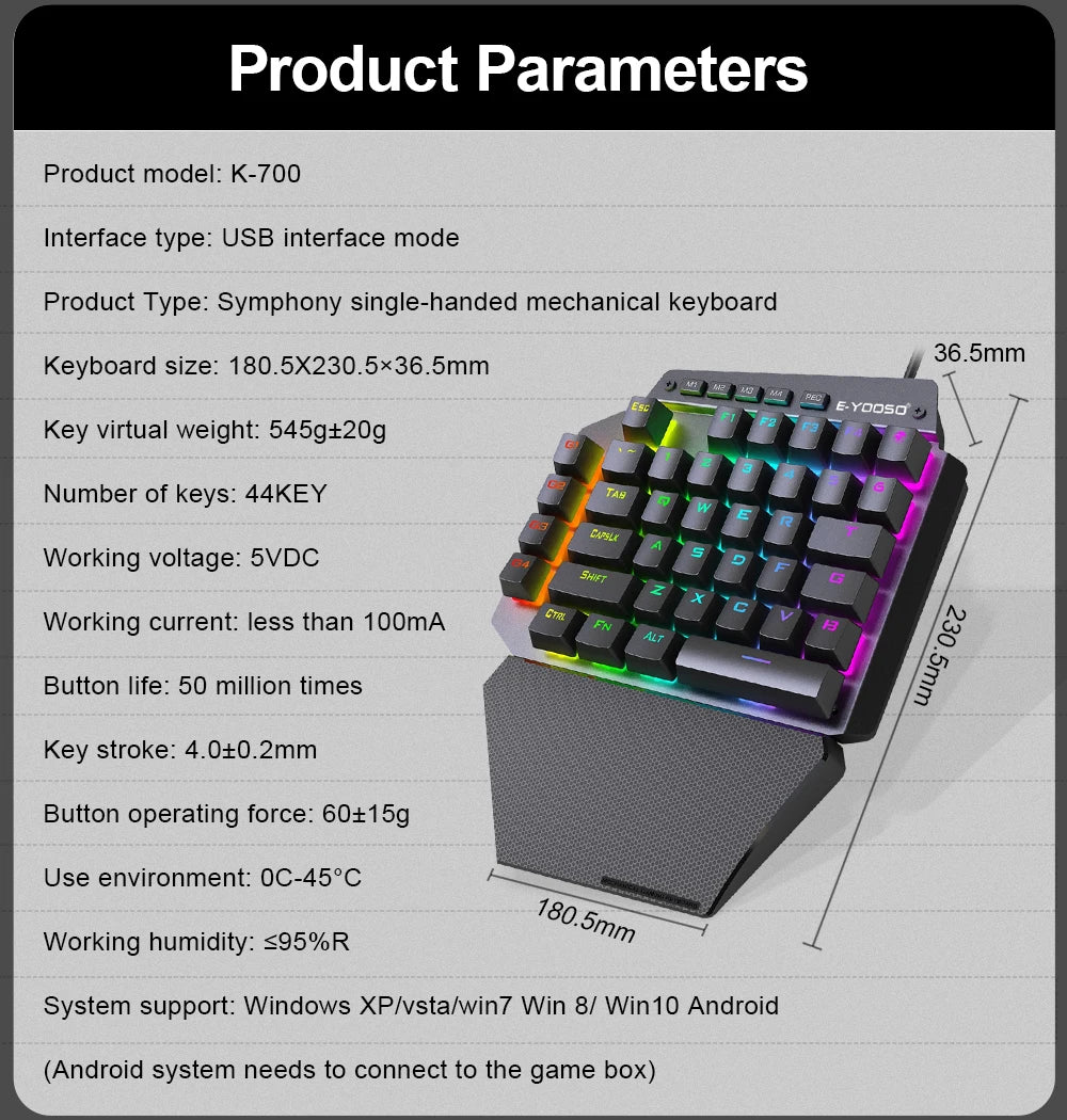 E-YOOSO K700 RGB One-handed Mechanical Gaming Wired Keyboard Red Switch 44 Key Programmable Games for Computer PC Laptop