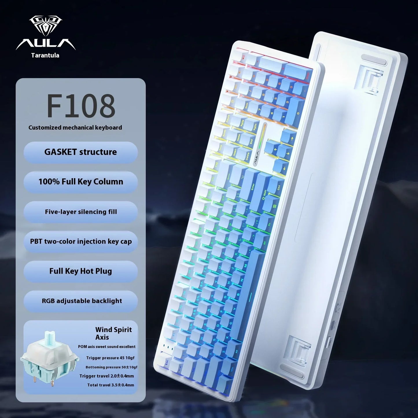 AULA F108/PRO Gaming Keyboard Mechanical RGB Hot Swappable Wireless 2.4G Polling Rate 100% Layout Hifi Switch Custom Accessories