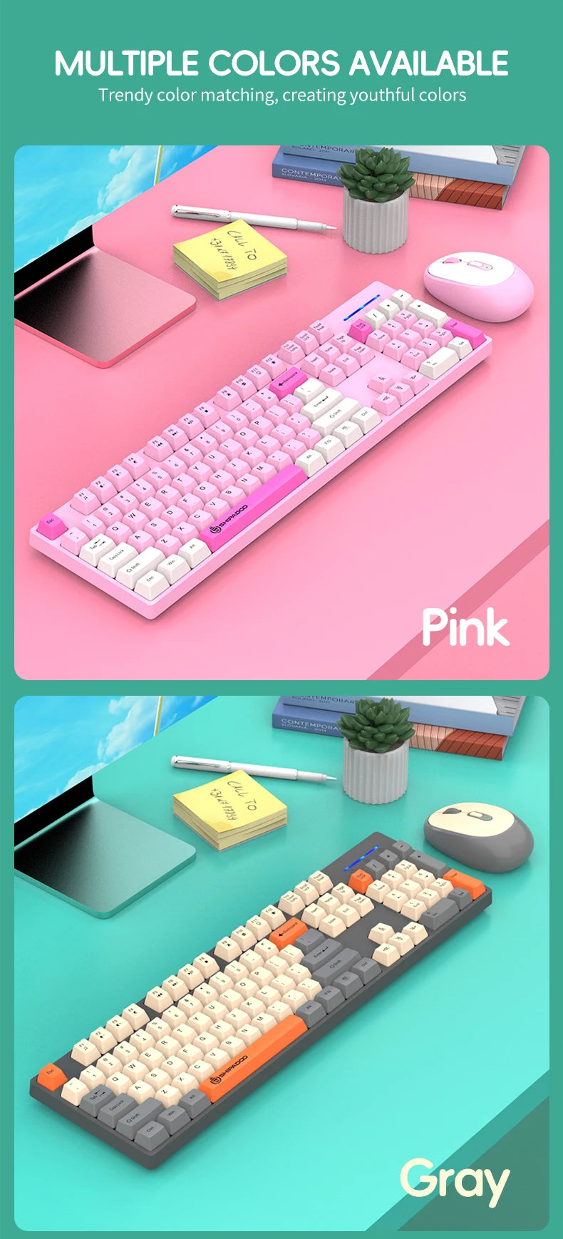 2.4G Wireless Keyboard Mouse Combo for Office Home - Battery Operated, 4 Color Options (Tricolor/Pink Popular) - Stable & Durabl