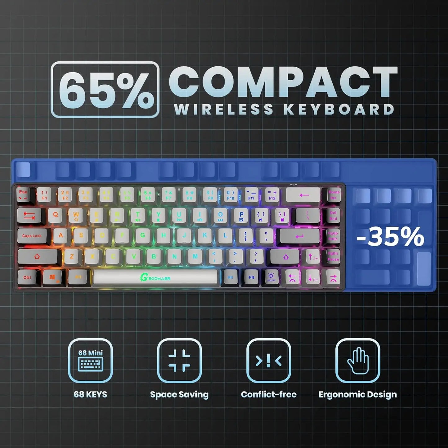 GEODMAER Wireless Gaming Keyboard Rechargeable Backlit Gaming Keyboard 68 Keys Membrane Keyboard for PC English/Spanish Layout