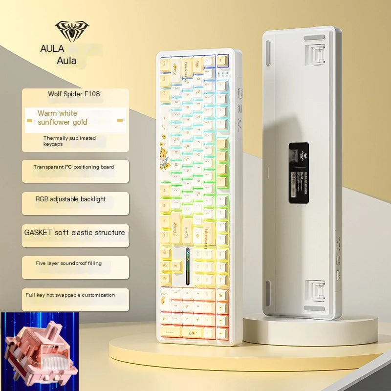 AULA F108/PRO Gaming Keyboard Mechanical RGB Hot Swappable Wireless 2.4G Polling Rate 100% Layout Hifi Switch Custom Accessories