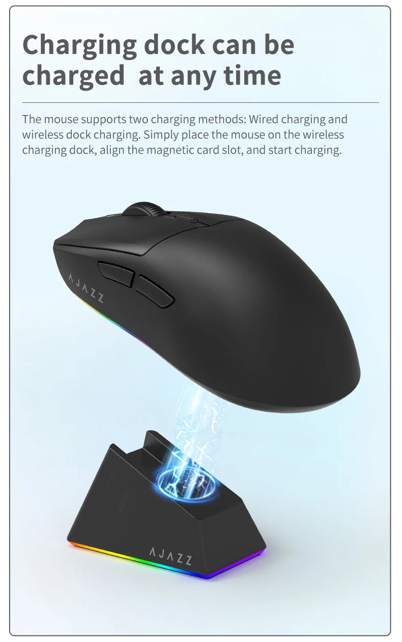 AJ139-V2-MC Tri-mode Wired/2.4GHz /BT Wireless Gaming Mouse with Magnetic Charging Base PAW3311 Gaming Chipset 12000DPI Max