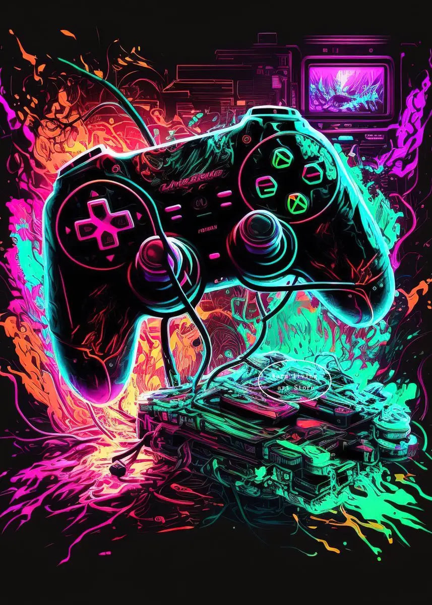 80s Retro Neon Game Quotes Poster Boy Gaming Controller Gamer Zone Room Eat Sleep Game Repeat Canvas Painting Home Decor Gift