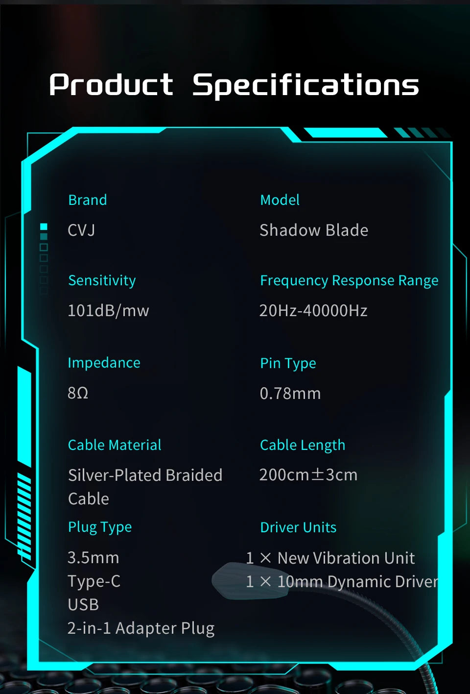 CVJ Shadow Blade Vibration Music Gaming IEM HIFI Wired in-ear Earphones Dynamic Driver + Vibration Unit with Tuning Tubes HD MIC