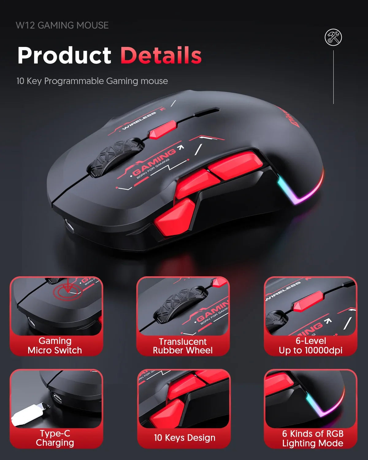 MKESPN W12 10-button Macro Gaming Mouse Both Hand Wireless Bluetooth Multi-channel Tri-mode Large RGB Ergonomic Ambidextrous