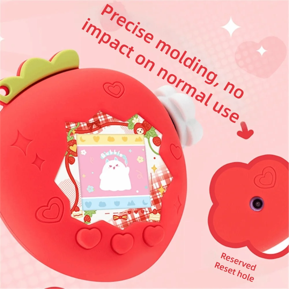 Silicone Protective Knob Cover with Panel Paper Pendant Protective Shell Red Pink Strawberry for Tamagotchi for Paradise Uni