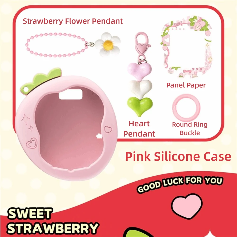 Silicone Protective Knob Cover with Panel Paper Pendant Protective Shell Red Pink Strawberry for Tamagotchi for Paradise Uni