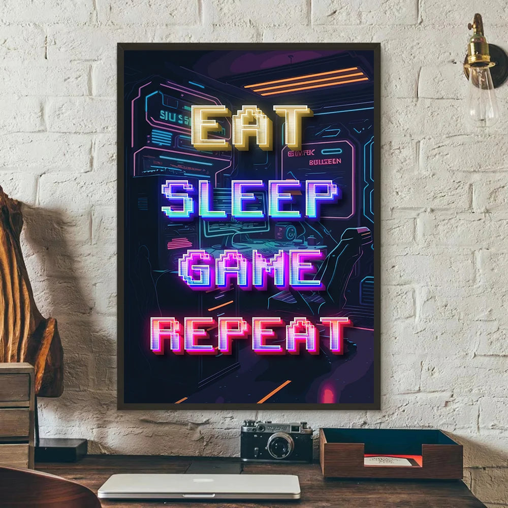 Neon Eat Sleep Game Repeat Word Poster Gamer Logic Canvas Painting Wall Art Home Decor Gaming Zone Picture Boys Gamer Room Gift