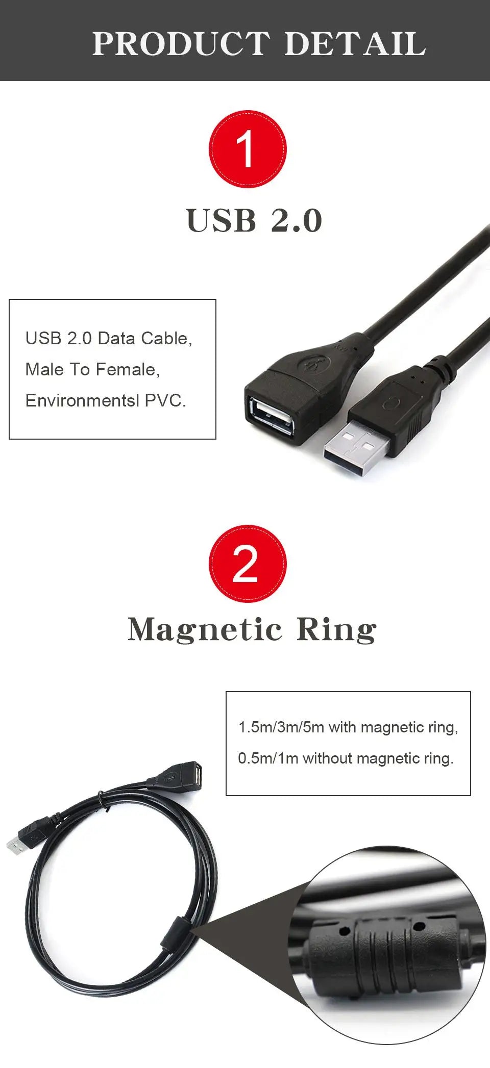 USB 2.0 Cable Extension Cable 0.6m/1m/1.5m Wire Data Transmission Line Superhighspeed Data Extension Cable for Display Projector