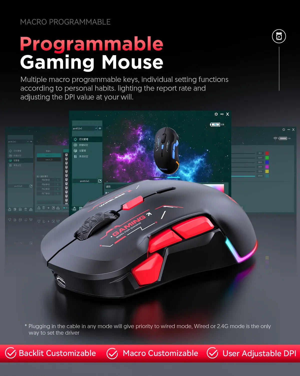 MKESPN W12 10-button Macro Gaming Mouse Both Hand Wireless Bluetooth Multi-channel Tri-mode Large RGB Ergonomic Ambidextrous