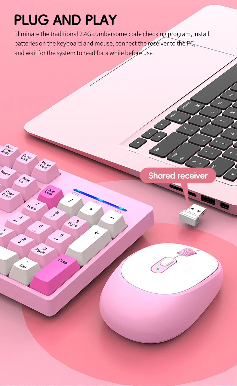 2.4G Wireless Keyboard Mouse Combo for Office Home - Battery Operated, 4 Color Options (Tricolor/Pink Popular) - Stable & Durabl