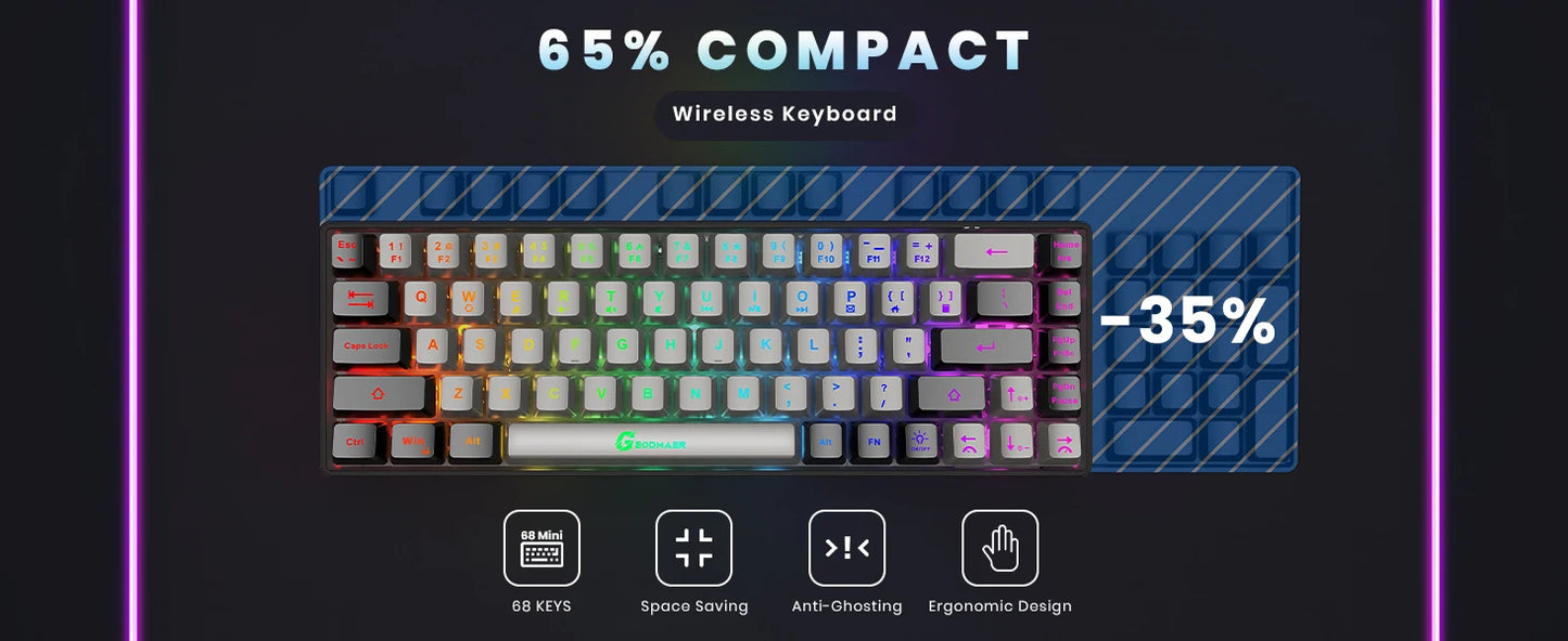 GEODMAER Wireless Gaming Keyboard Rechargeable Backlit Gaming Keyboard 68 Keys Membrane Keyboard for PC English/Spanish Layout