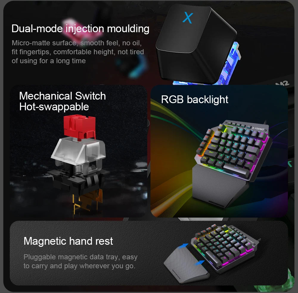E-YOOSO K700 RGB One-handed Mechanical Gaming Wired Keyboard Red Switch 44 Key Programmable Games for Computer PC Laptop