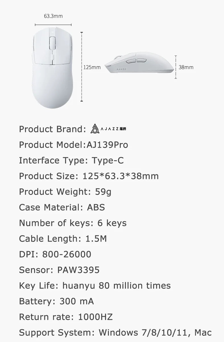 AJAZZ AJ139Pro/AJ139V2MC Wireless Mouse PMW3395/PAW3311 Gaming Chipset 12000-26000dpi Professional Gaming Mouse for PC