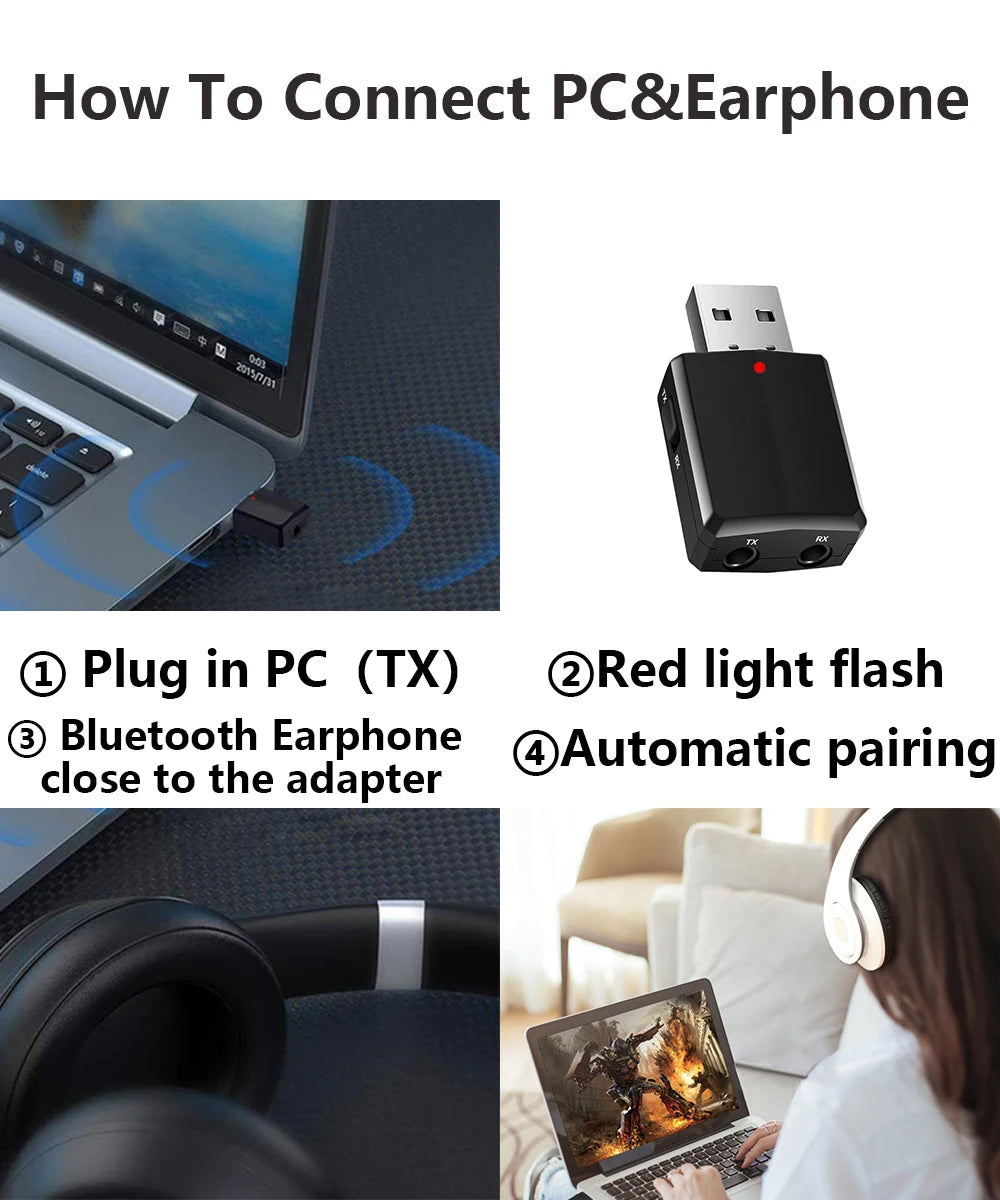CMAOS USB Bluetooth 5.0 Transmitter Receiver 3 in 1 EDR Adapter Dongle 3.5mm AUX for TV PC Headphones Home Stereo Car HIFI Audio
