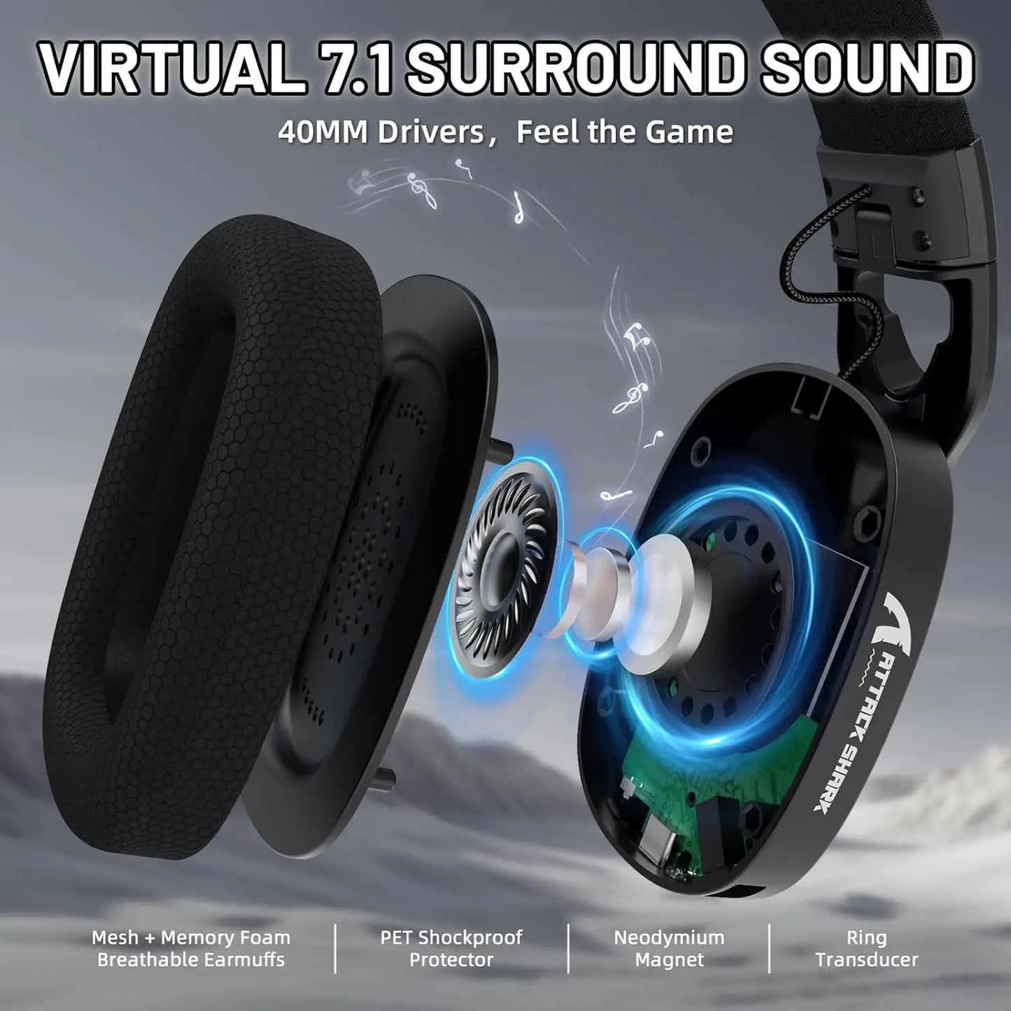 ATTACK SHARK L90 Ultralight Wireless Gaming Headset, BT, 2.4G, 3.5mm Wired, RGB Foldable 7.2 Surround Sound Over-Ear Earmuffs
