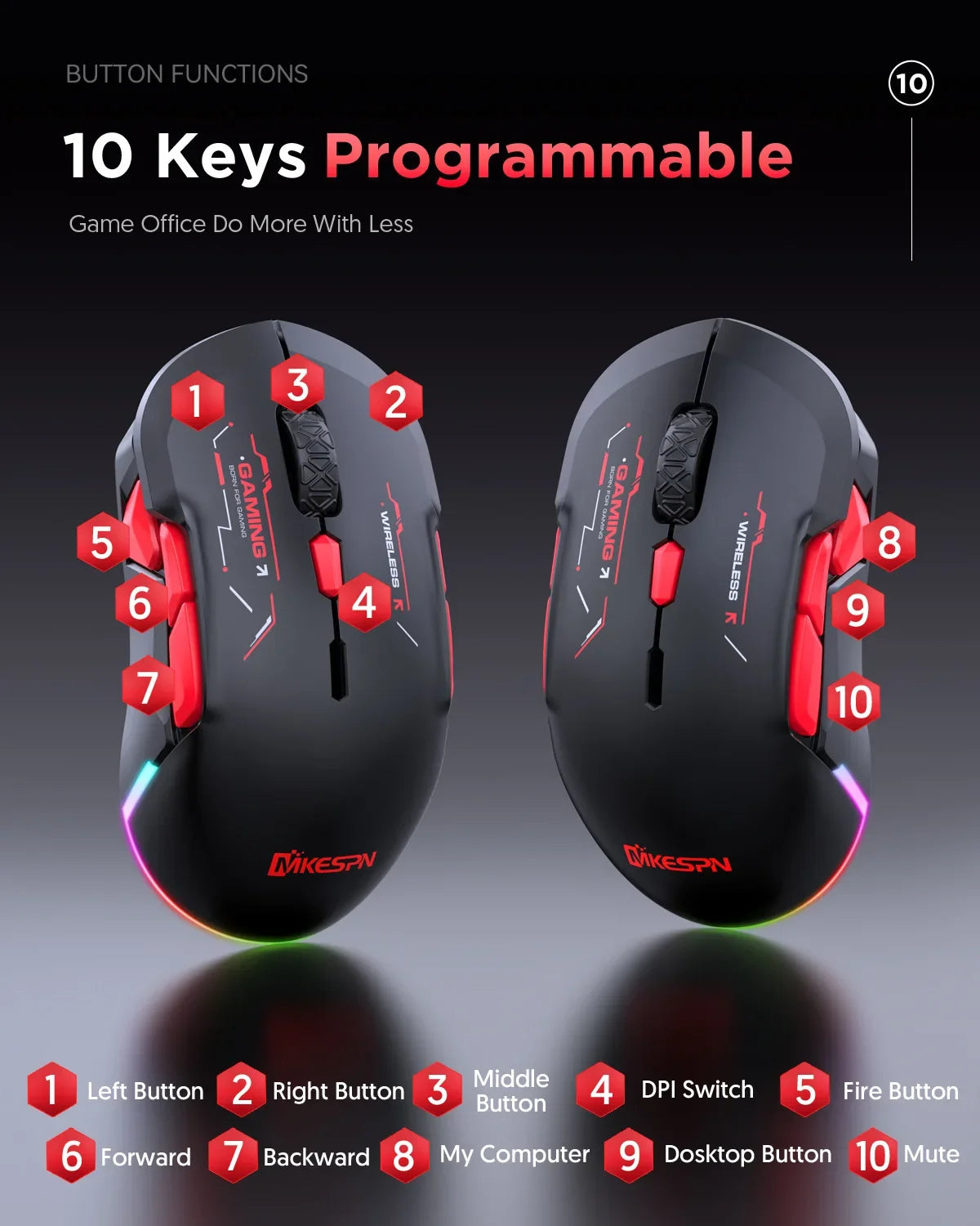 MKESPN W12 10-button Macro Gaming Mouse Both Hand Wireless Bluetooth Multi-channel Tri-mode Large RGB Ergonomic Ambidextrous