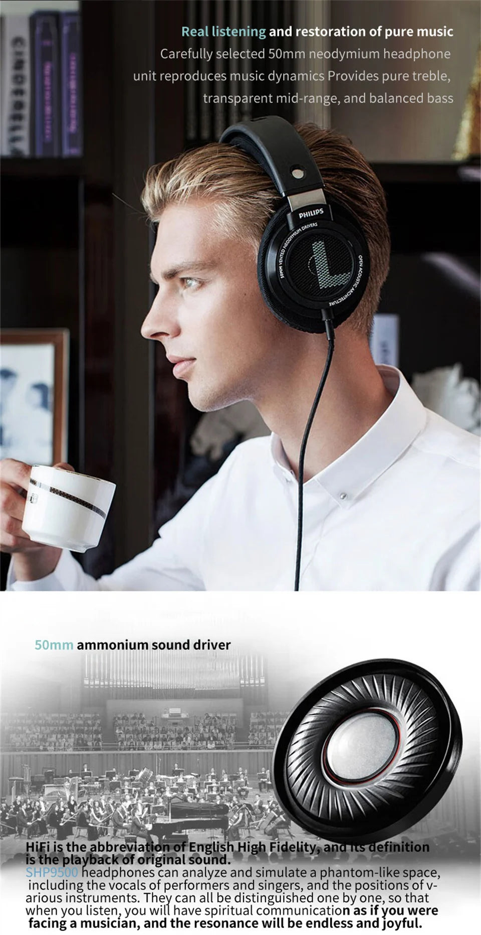 Philips SHP9500 HiFi Precision Stereo Headphones for Music Mobile Computer Gaming Open HD Mic Call Wired Headset Original 100%