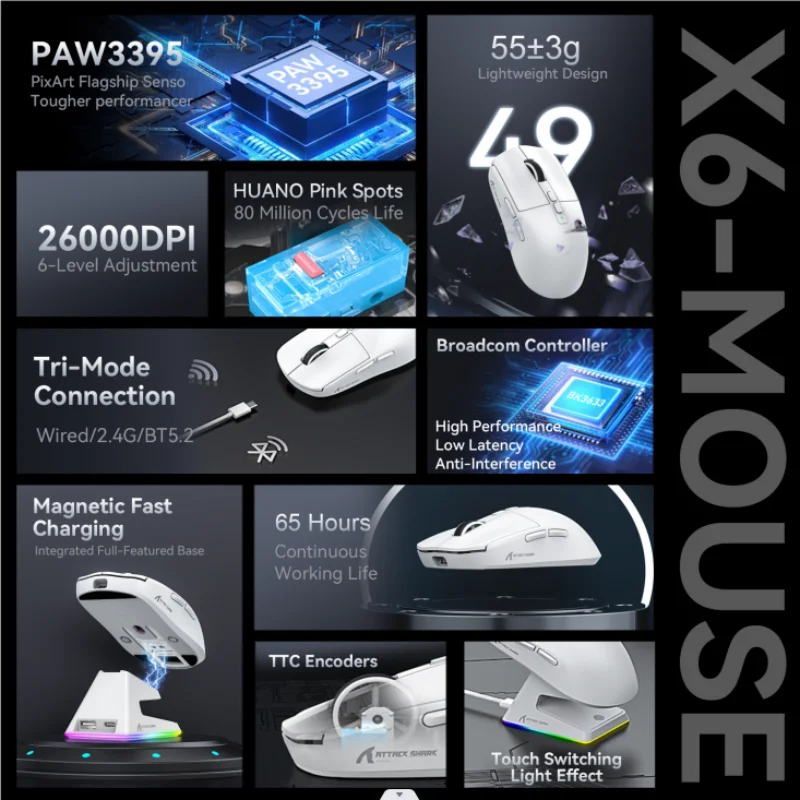 Attack Shark X6 Wireless Ergonomic Gaming Mouse Adjustable DPI Wired 2.4G/Bluetooth High Precision Rechargeable Mice