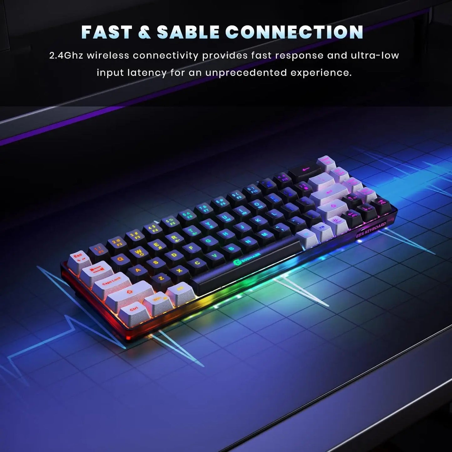 GEODMAER Wireless Gaming Keyboard Rechargeable Backlit Gaming Keyboard 68 Keys Membrane Keyboard for PC English/Spanish Layout