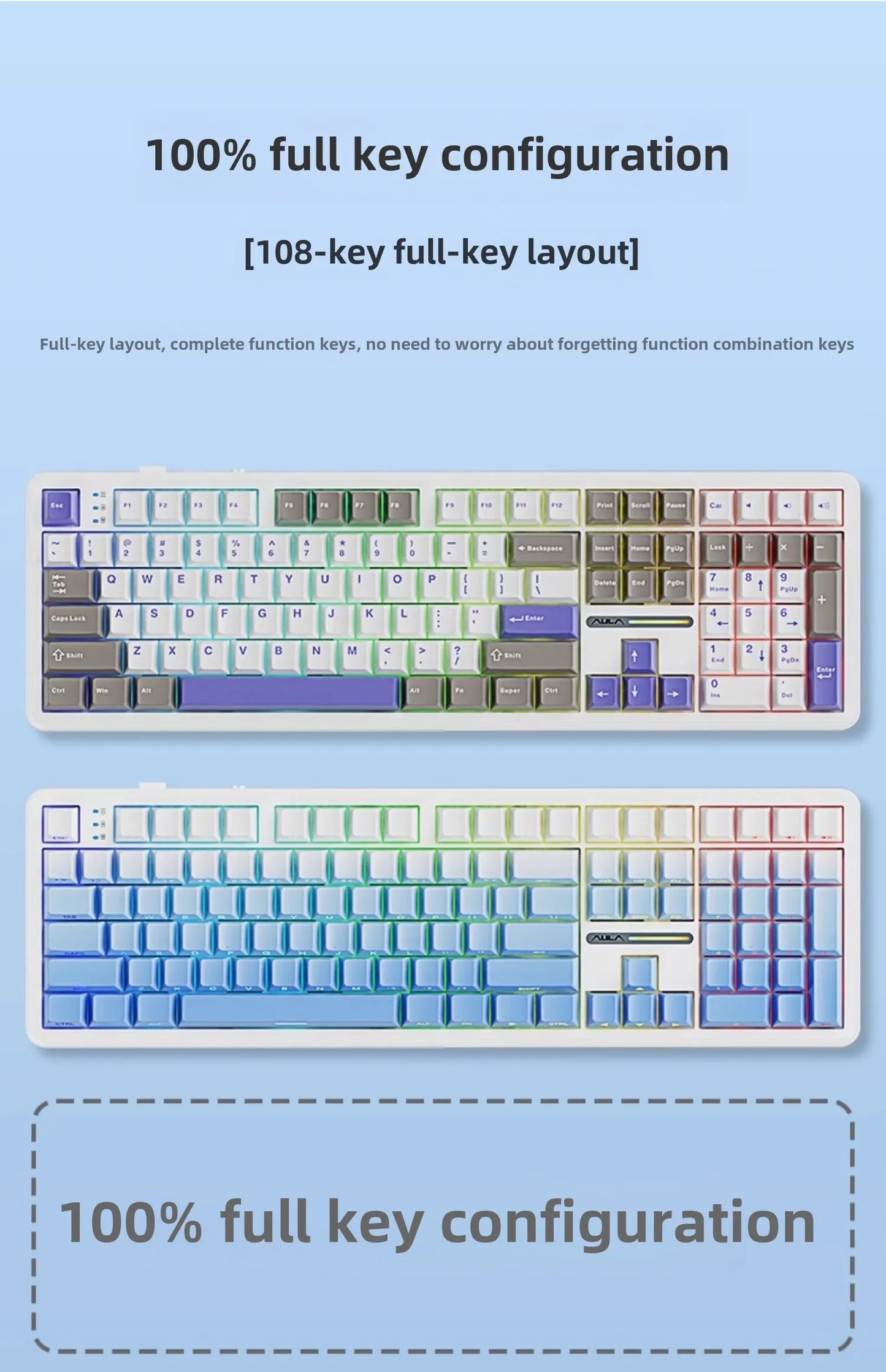 AULA F108/PRO Gaming Keyboard Mechanical RGB Hot Swappable Wireless 2.4G Polling Rate 100% Layout Hifi Switch Custom Accessories