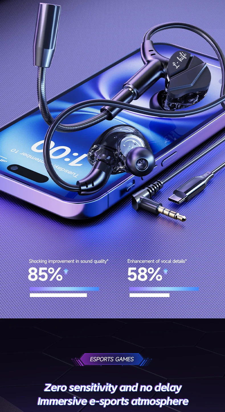Gamer Gaming Headphones with HD Microphone 3.5mm&TypeC In-ear Headphones Wired Earphone HiFi Stereo Headset for IPhone Samsung