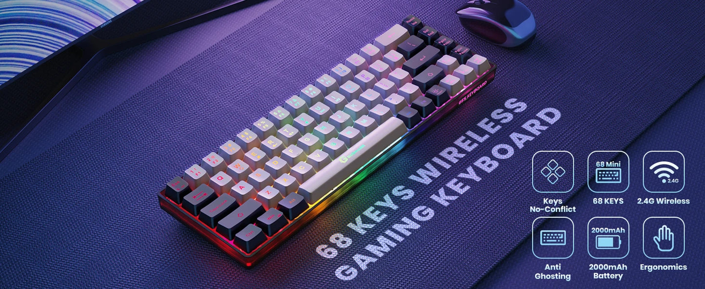 GEODMAER Wireless Gaming Keyboard Rechargeable Backlit Gaming Keyboard 68 Keys Membrane Keyboard for PC English/Spanish Layout