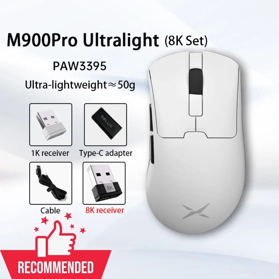 Delux M900PRO Ultra-light Version Wireless Gaming Mouse Ergonomic 1K/8K Polling Rate 50g PAW3395 for Right Big Hand PC Laptop